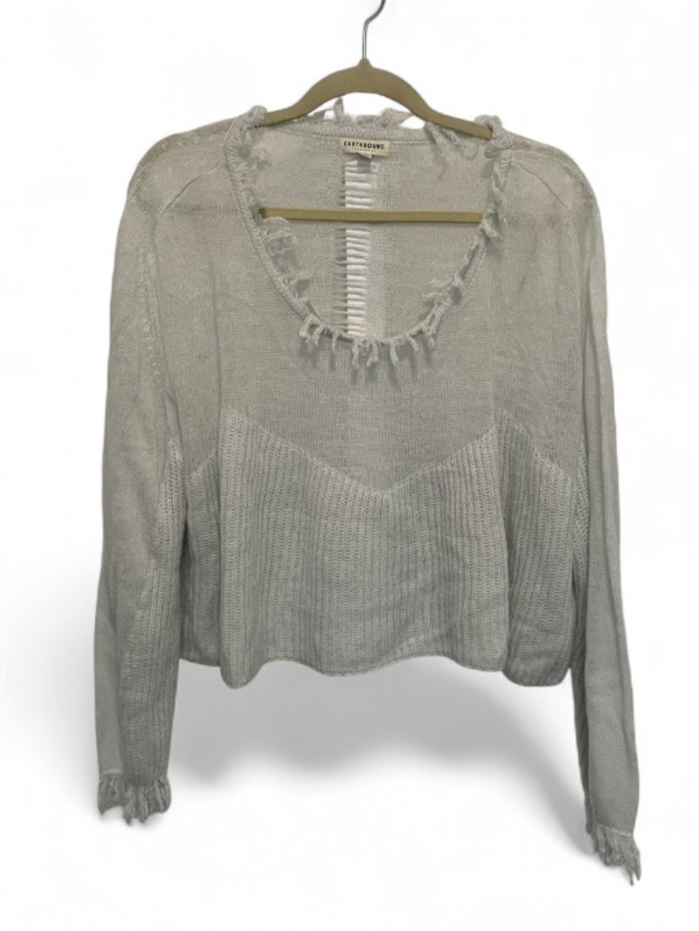 EARTHBOUND Light Gray Frayed Scoop-Neck Knit Sweater